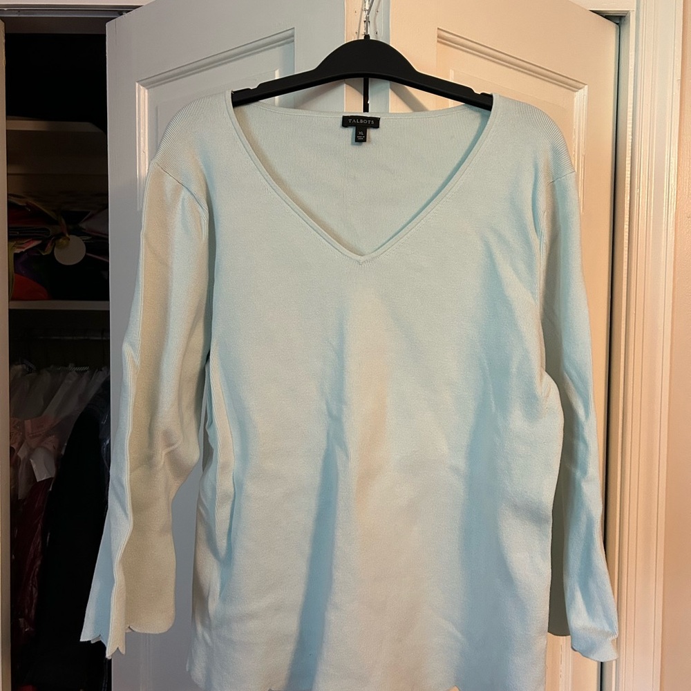 Talbots Scalloped Edge Light Blue V-Neck Sweater